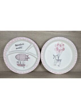 2 Bloomingville Youth Plates Divided Pink Pastel Melamine Deer Squirrel Balloon